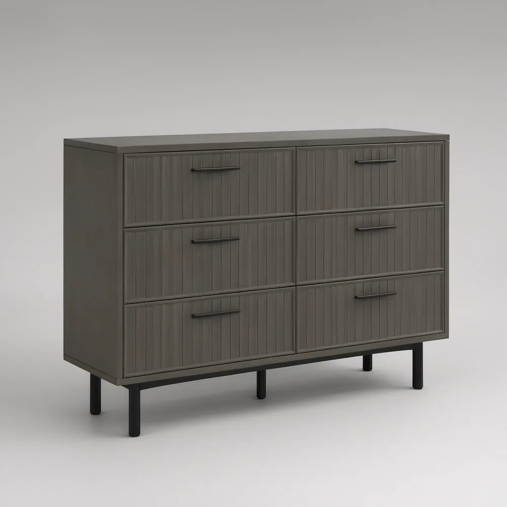 Cómoda Baixa Retangular com 6 Gavetas em MDF Cinzento-Escuro e Preto, 120 x 40 x 80 cm