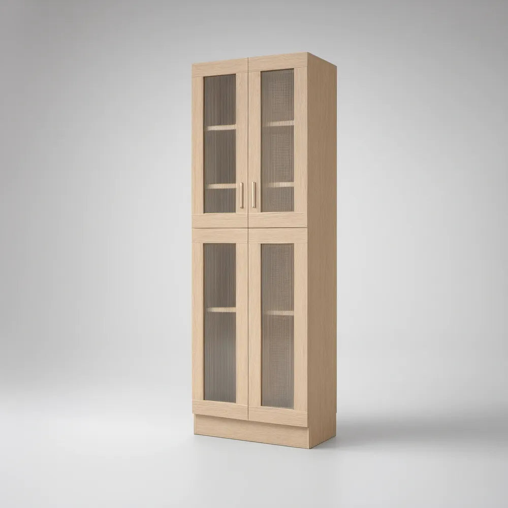 Armário-Vitrine em MDF Carvalho Claro com Vidro Canelado Cinzento Fumado, 80 x 40 x 200 cm