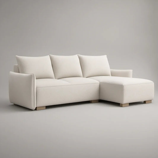 Sofá com Chaise Longue à Direita em Poliéster Bege, 240 x 155 x 85 cm