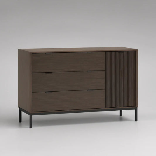 Cómoda baixa com 3 gavetas e porta, 160 x 45 x 85 cm, Castanho Nogueira e Preto