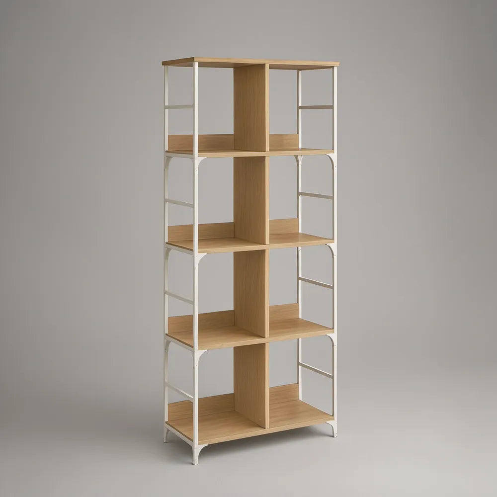 Estante de 4 Níveis em MDF Carvalho e Aço Branco, 70 x 30 x 180 cm
